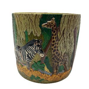 Vintage Planter 1978 Ceramic Jungle Safari Pottery Giraffe Zebra Brown Glazed